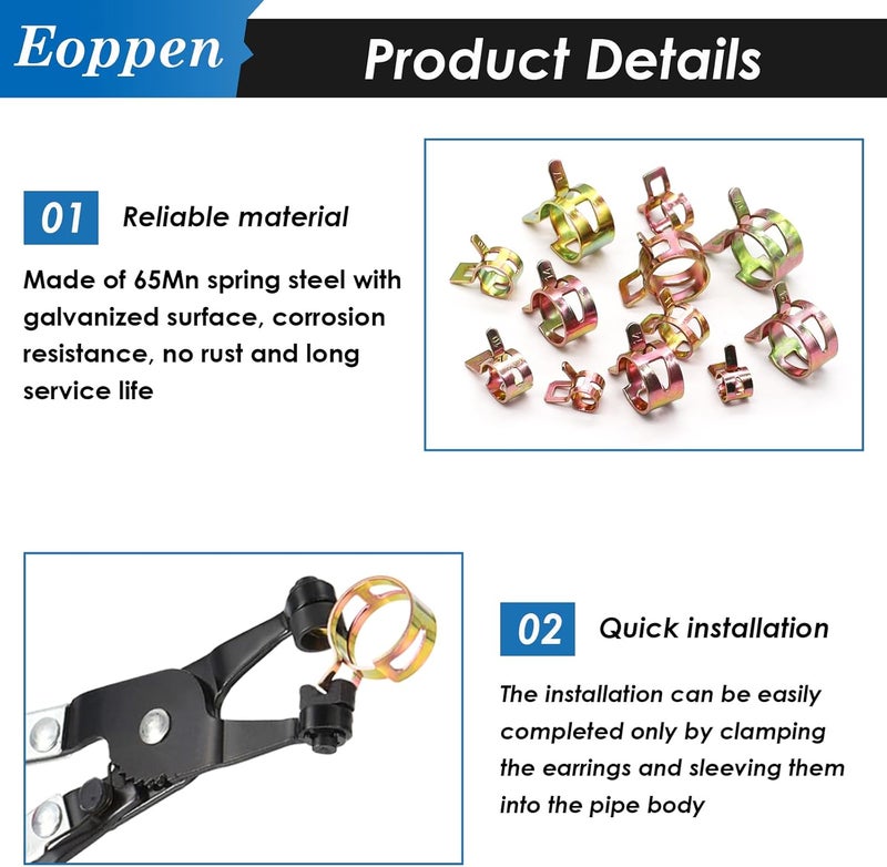 Eoppen 140Pcs 6-22mm Spring Band Hose Clamps Assortment Kit with Swivel Flat Band Fuel Hose Clamp Plier - 12 Sizes Fuel Line Silicone Vacuum Hose Low Pressure Air Clamps - Image 4
